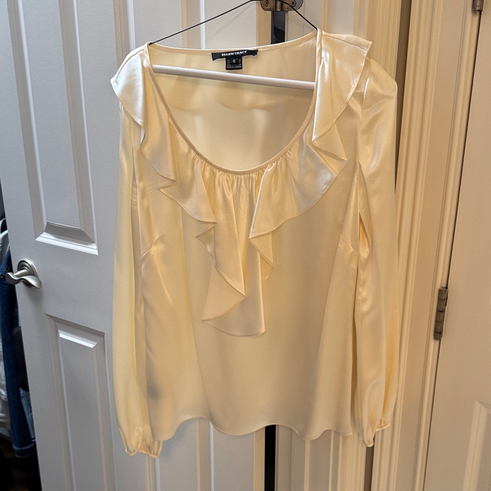 Ellen Tracy Cream Satin Ruffle Blouse
